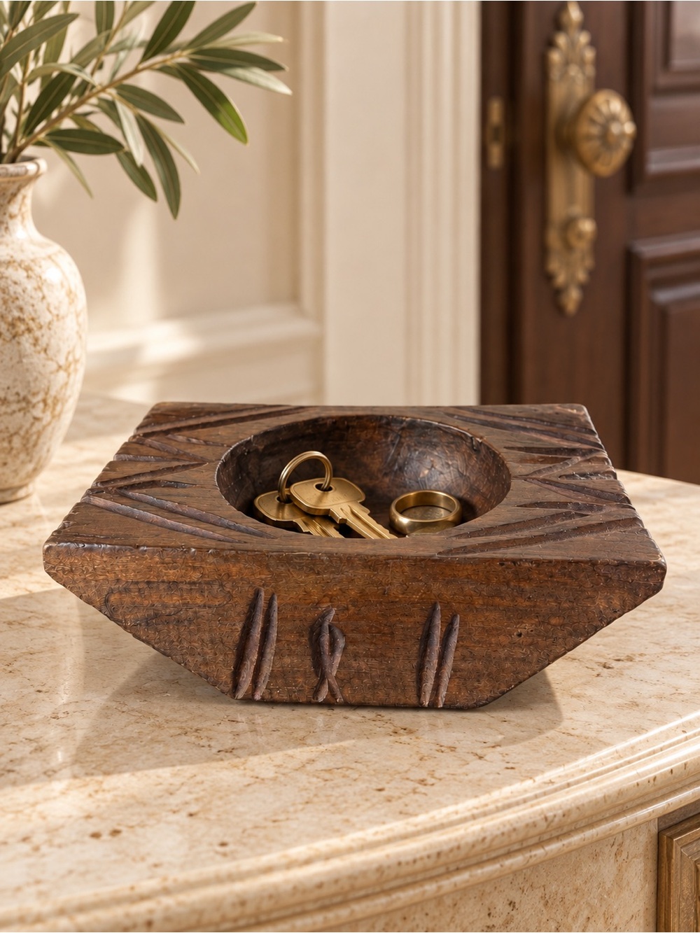 Vintage Brutalist Hand Carved Wood Bowl Mid Century Modern Catchall